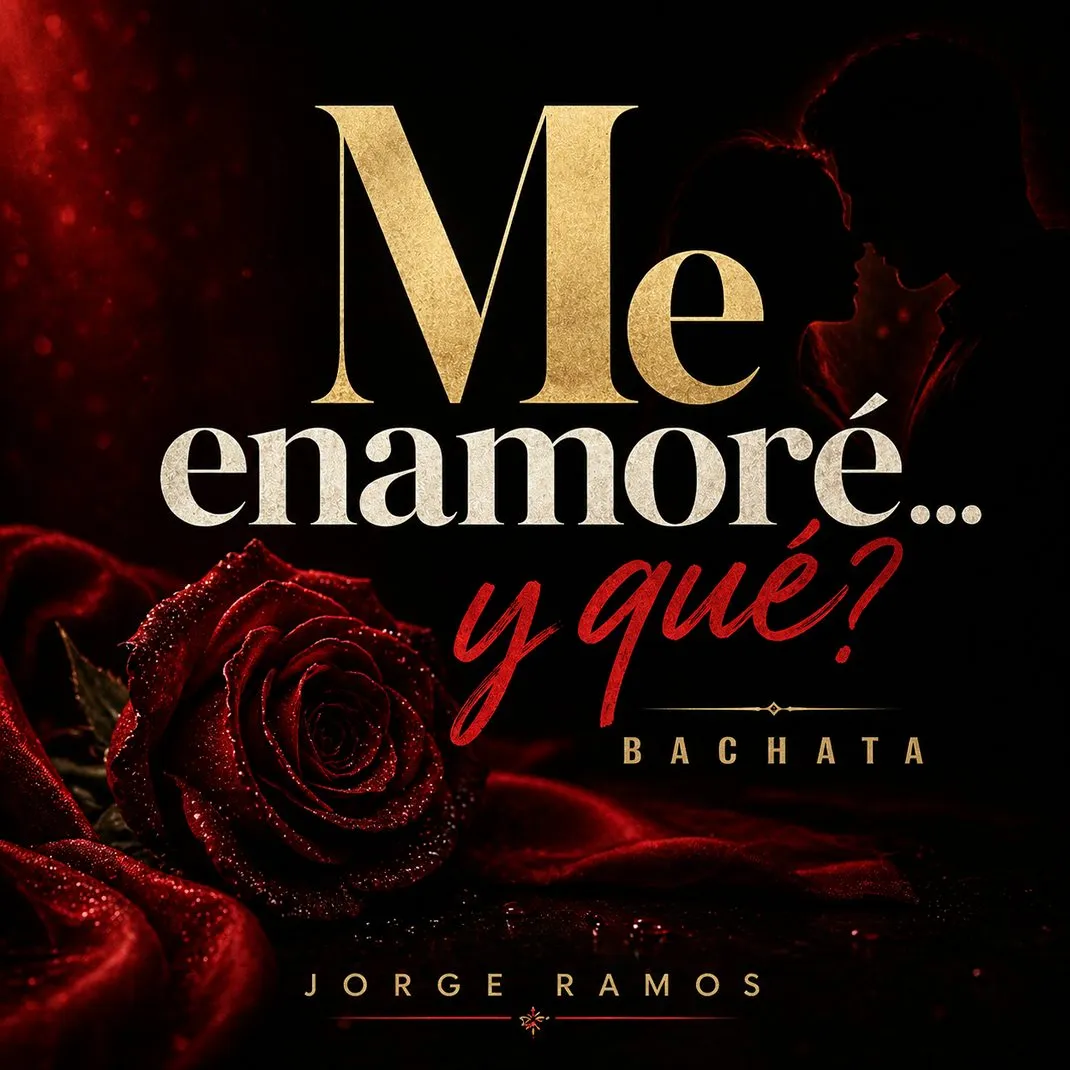 Portada cuadrada romántica de bachata: pareja o siluetas bailando cerca con luz cálida nocturna, textura suave, guitarra en primer plano sutil, título “Me enamoré… y qué?” legible.