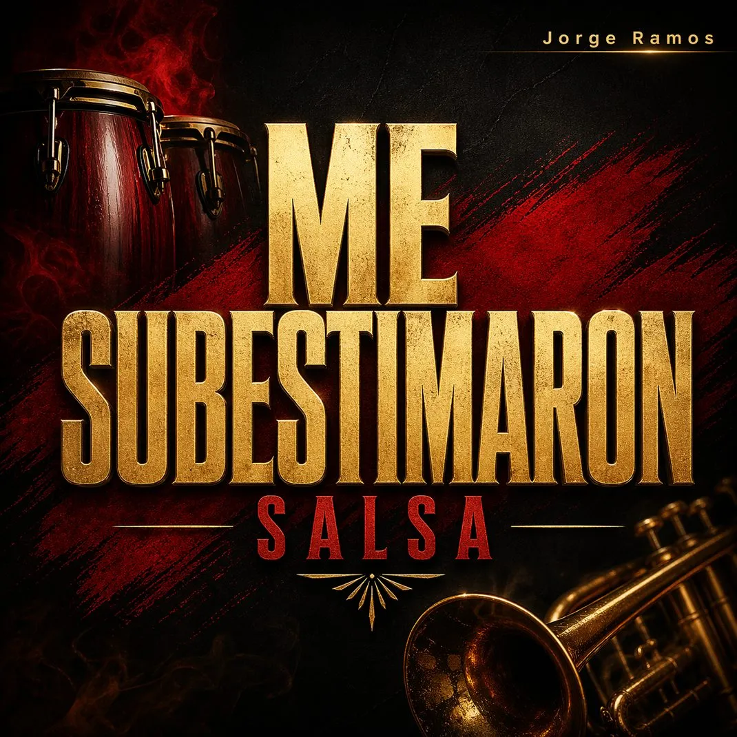 Portada cuadrada de salsa dura: escenario con metales y congas, luces cálidas, una figura al frente con actitud de victoria y poder, sensación de “candela” y movimiento; título “Me Subestimaron” grande y legible.