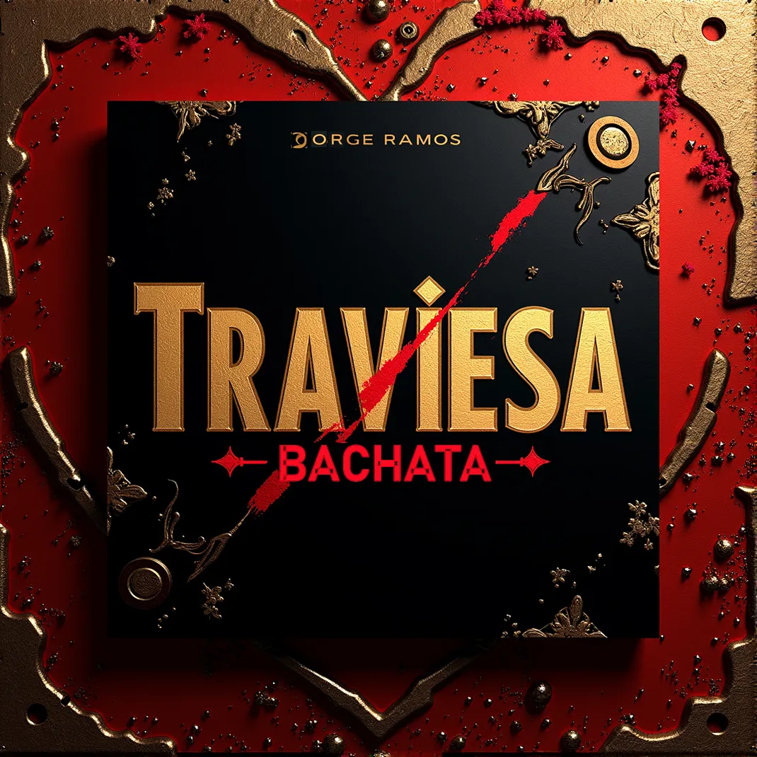 Portada cuadrada de bachata nocturna con estética moderna: luces cálidas y neón sutil, dos siluetas bailando cerquita con tensión coqueta, ambiente de club latino y título “Traviesa” grande y legible.