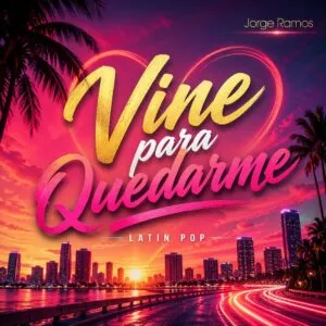 Portada cuadrada EDM-pop de festival con luces neón y destellos, silueta en escenario con brazos arriba, ondas de sonido y energía “alto voltaje”, paleta cian/magenta/ámbar; título “Vine para Quedarme” grande y legible.