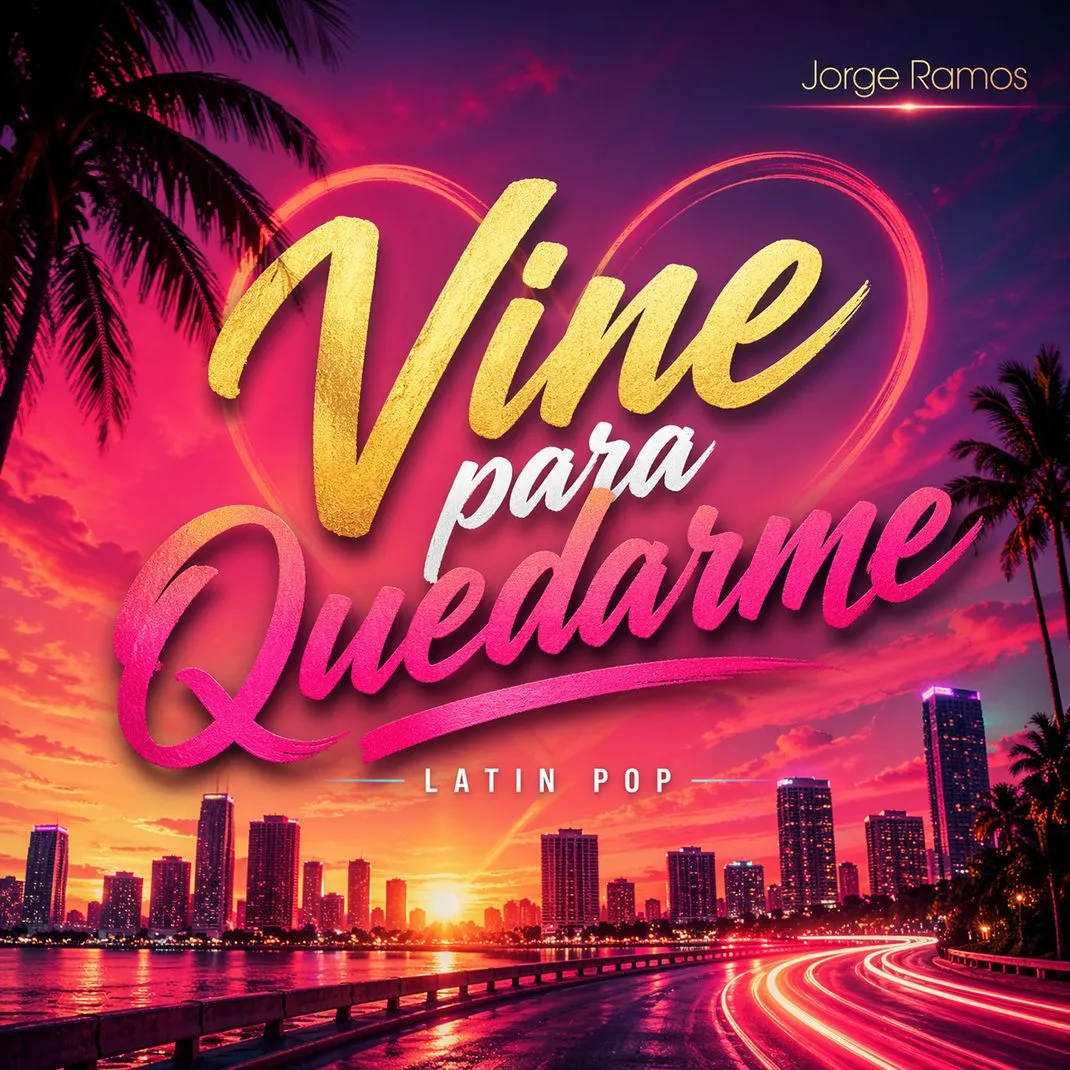 Portada cuadrada EDM-pop de festival con luces neón y destellos, silueta en escenario con brazos arriba, ondas de sonido y energía “alto voltaje”, paleta cian/magenta/ámbar; título “Vine para Quedarme” grande y legible.