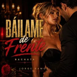 Portada de “Báilame de Frente”: parejas bailando bachata de frente sobre una pista iluminada en magenta y naranja, con el título en tipografía blanca centrada.