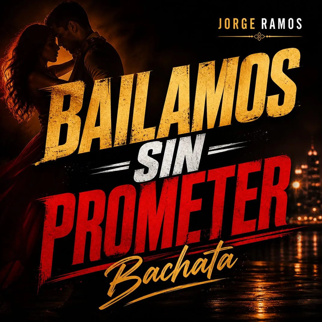 Portada del single “Bailamos sin Prometer” de Jorge Ramos, con una pareja o silueta bailando suavemente frente a una ventana nocturna o sobre un fondo degradado romántico, transmitiendo intimidad sin promesas, con el título destacado en la parte superior.