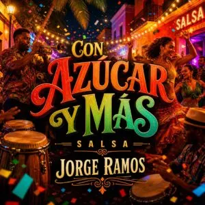 Portada “Con azúcar y más”: estelas de luz rojo/ámbar y explosión abstracta dinámica; tipografía bold en alto contraste; energía de pista.