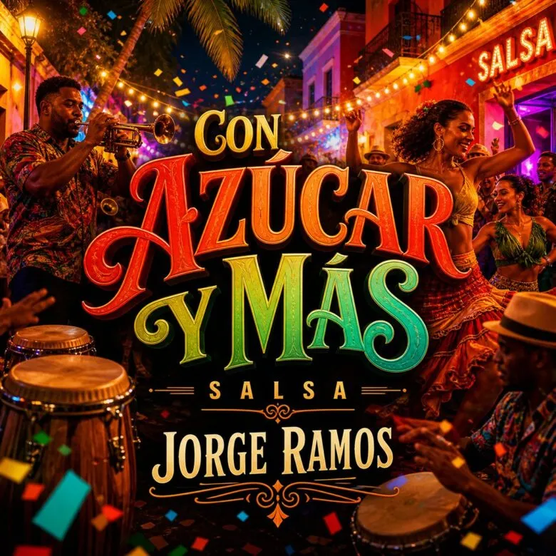 Portada “Con azúcar y más”: estelas de luz rojo/ámbar y explosión abstracta dinámica; tipografía bold en alto contraste; energía de pista.