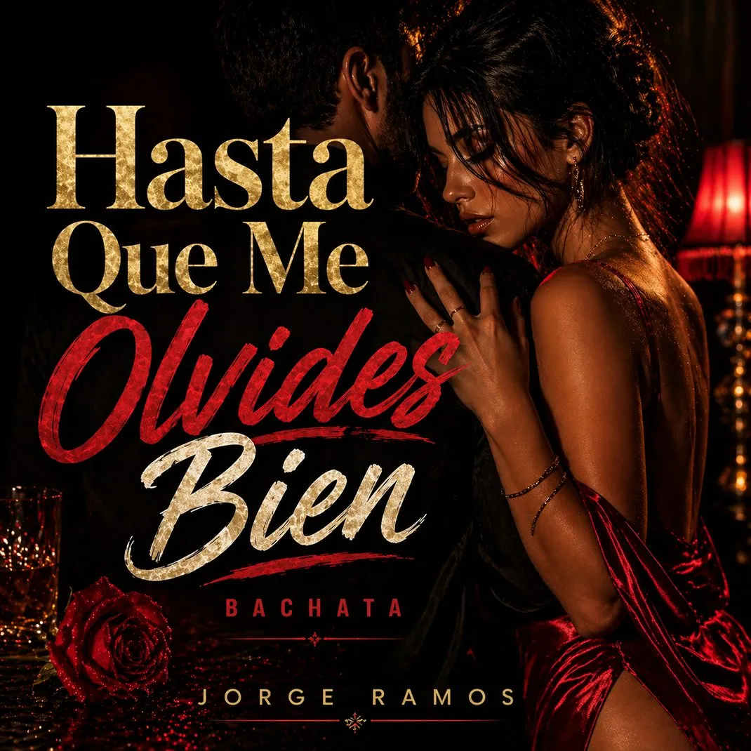 Portada del single “Hasta Que Me Olvides Bien” de Jorge Ramos, con una mujer rubia europea de espaldas mirando por una ventana nocturna o una guitarra junto a una foto rota en un salón moderno, atmósfera de despedida firme, y el título en la parte superior.