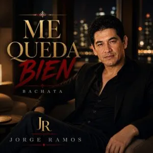 Portada cuadrada de bachata moderna con estética elegante y segura: una figura caminando con calma bajo luces cálidas nocturnas, ambiente limpio y sofisticado, sensación de paz, verdad y amor propio; título “Me Queda Bien” grande y legible.