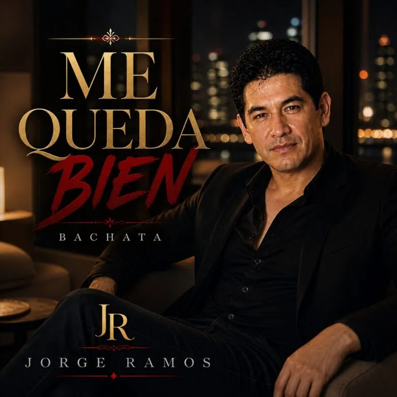 Portada cuadrada de bachata moderna con estética elegante y segura: una figura caminando con calma bajo luces cálidas nocturnas, ambiente limpio y sofisticado, sensación de paz, verdad y amor propio; título “Me Queda Bien” grande y legible.
