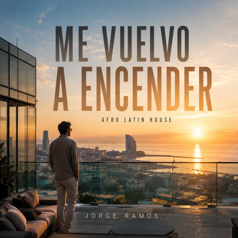 Portada cuadrada afro/latino house elegante: atmósfera nocturna con destellos de “amanecer”, silueta segura en movimiento, luces cálidas y sombra azul; sensación de renacer; título “Me Vuelvo a Encender” legible.