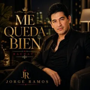 Portada cuadrada de bachata moderna con estética elegante y segura: una figura caminando con calma bajo luces cálidas nocturnas, ambiente limpio y sofisticado, sensación de paz, verdad y amor propio; título “Me Queda Bien” grande y legible.