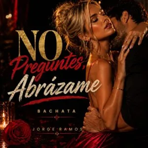 Portada “No Preguntes, Abrázame”: luz baja ámbar, dos siluetas abrazadas bailando muy cerca; ambiente íntimo y cálido, textura suave tipo grano; tipografía limpia y elegante con alto contraste.