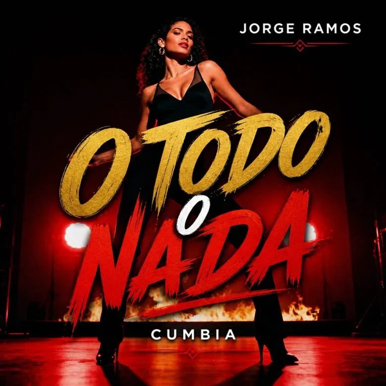 Portada del single "No vengas con medias" de Jorge Ramos: ilustración cálida en tonos rojos y naranjas con figura segura en la pista de baile, transmitiendo actitud de todo o nada.