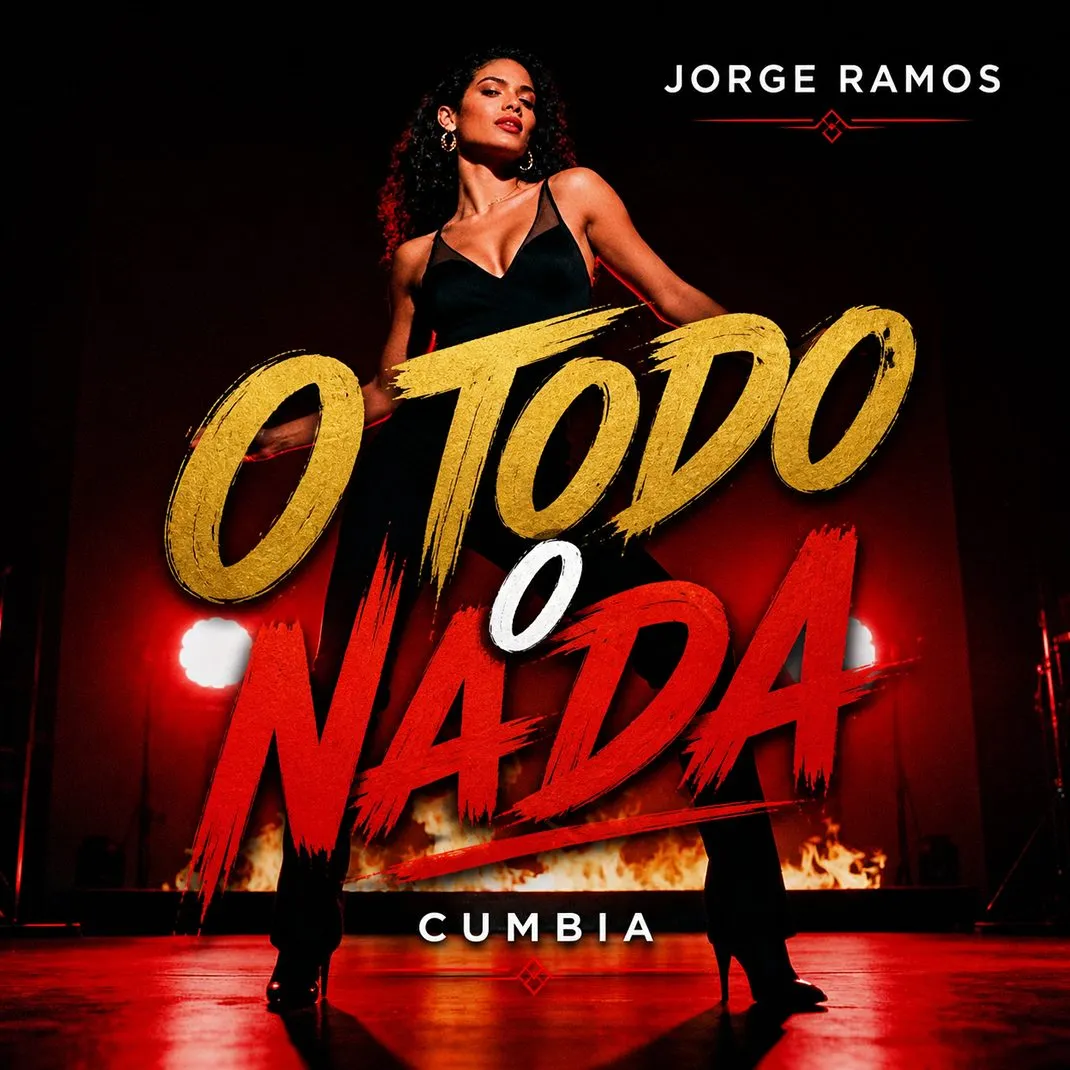 Portada del single "No vengas con medias" de Jorge Ramos: ilustración cálida en tonos rojos y naranjas con figura segura en la pista de baile, transmitiendo actitud de todo o nada.