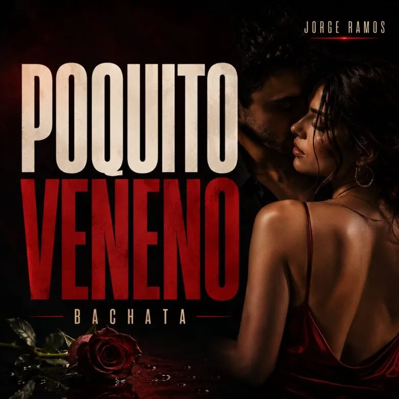 Portada cuadrada latina nocturna y coqueta: dos siluetas bailando cerca con luz cálida, ambiente elegante y un toque de malicia; título “Poquito Veneno” legible.