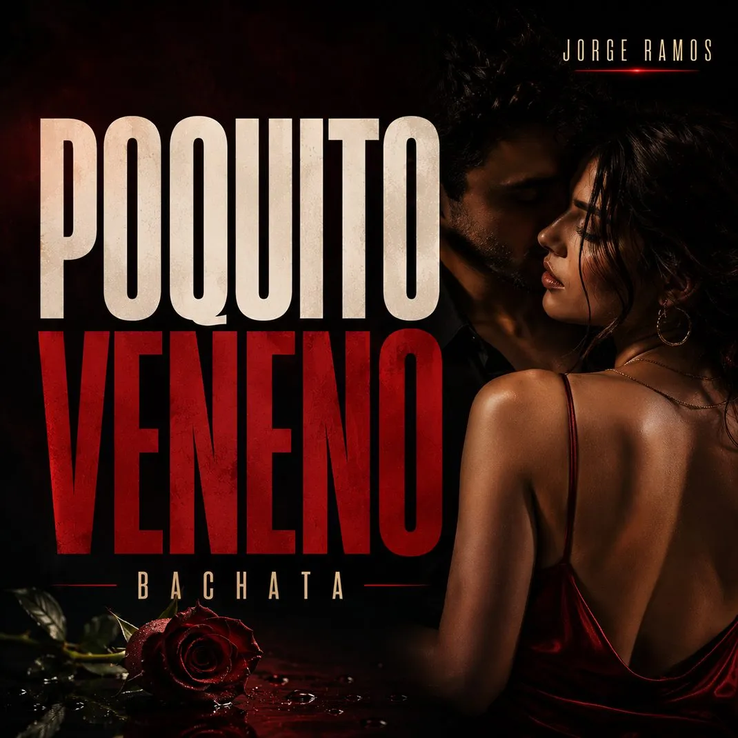 Portada cuadrada latina nocturna y coqueta: dos siluetas bailando cerca con luz cálida, ambiente elegante y un toque de malicia; título “Poquito Veneno” legible.