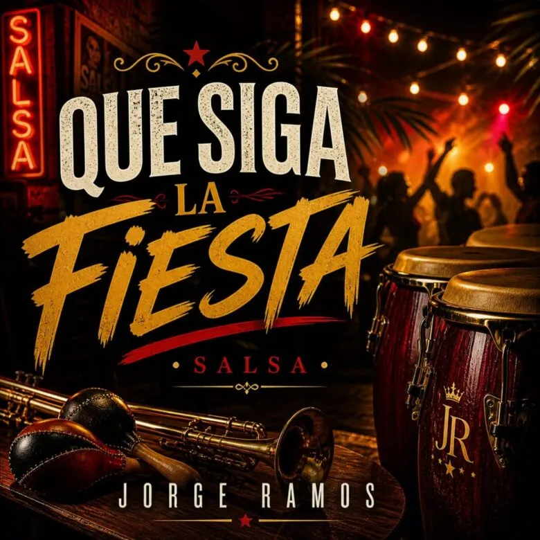 Portada del single "Que siga la fiesta" de Jorge Ramos: escena nocturna en una ciudad europea convertida en pista de salsa, con luces naranjas y turquesas y gente bailando sin querer irse.