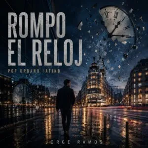 Portada cuadrada urbana enérgica con estética moderna: silueta avanzando con paso firme entre luces nocturnas, tipografía potente y sensación de romper el tiempo; título “Rompo el Reloj” legible.