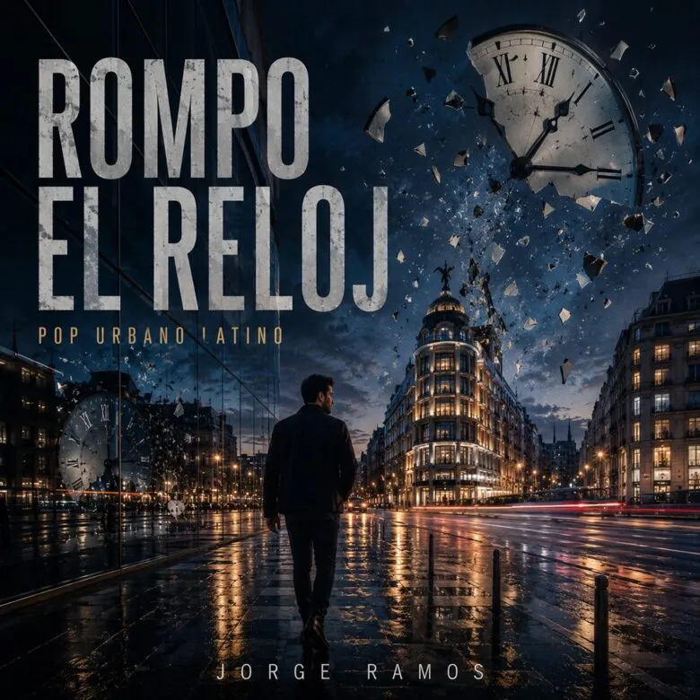 Portada cuadrada urbana enérgica con estética moderna: silueta avanzando con paso firme entre luces nocturnas, tipografía potente y sensación de romper el tiempo; título “Rompo el Reloj” legible.