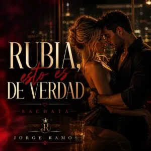 Portada “Rubia, esto es de verdad”: escena romántica nocturna con luz cálida; pareja bailando bachata muy cerca, mirada sincera, ambiente suave y elegante, tipografía moderna y minimal.