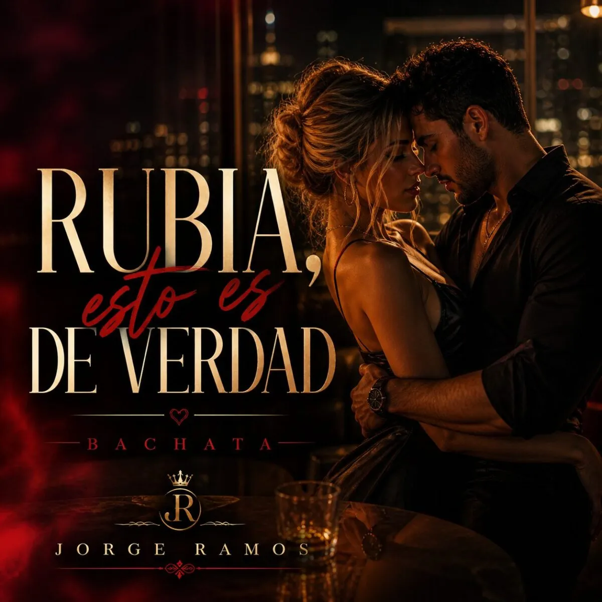 Portada “Rubia, esto es de verdad”: escena romántica nocturna con luz cálida; pareja bailando bachata muy cerca, mirada sincera, ambiente suave y elegante, tipografía moderna y minimal.