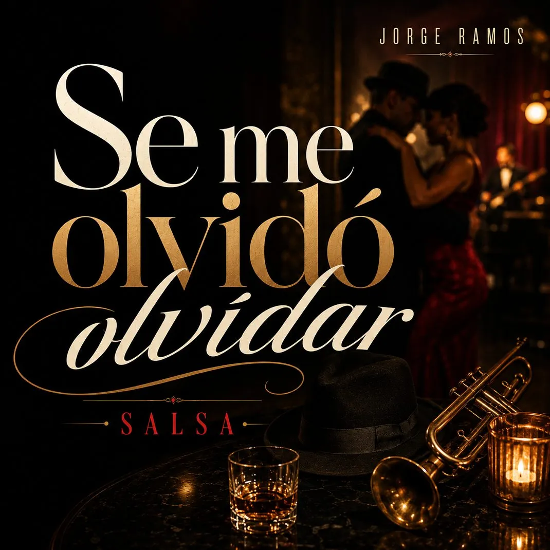 Portada del single “Se me olvidó olvidar” de Jorge Ramos, con el título en tipografía gigante en tonos rojos y naranjas sobre fondo claro, estilo moderno y editorial que refleja una salsa romántica y bailable.