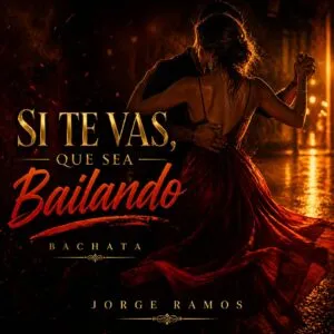 Portada “Si Te Vas, Que Sea Bailando”: escena nocturna romántica con dos siluetas bailando muy cerca, luz cálida y requinto sugerido en la atmósfera; tipografía elegante y mood de despedida digna, sin rencor.