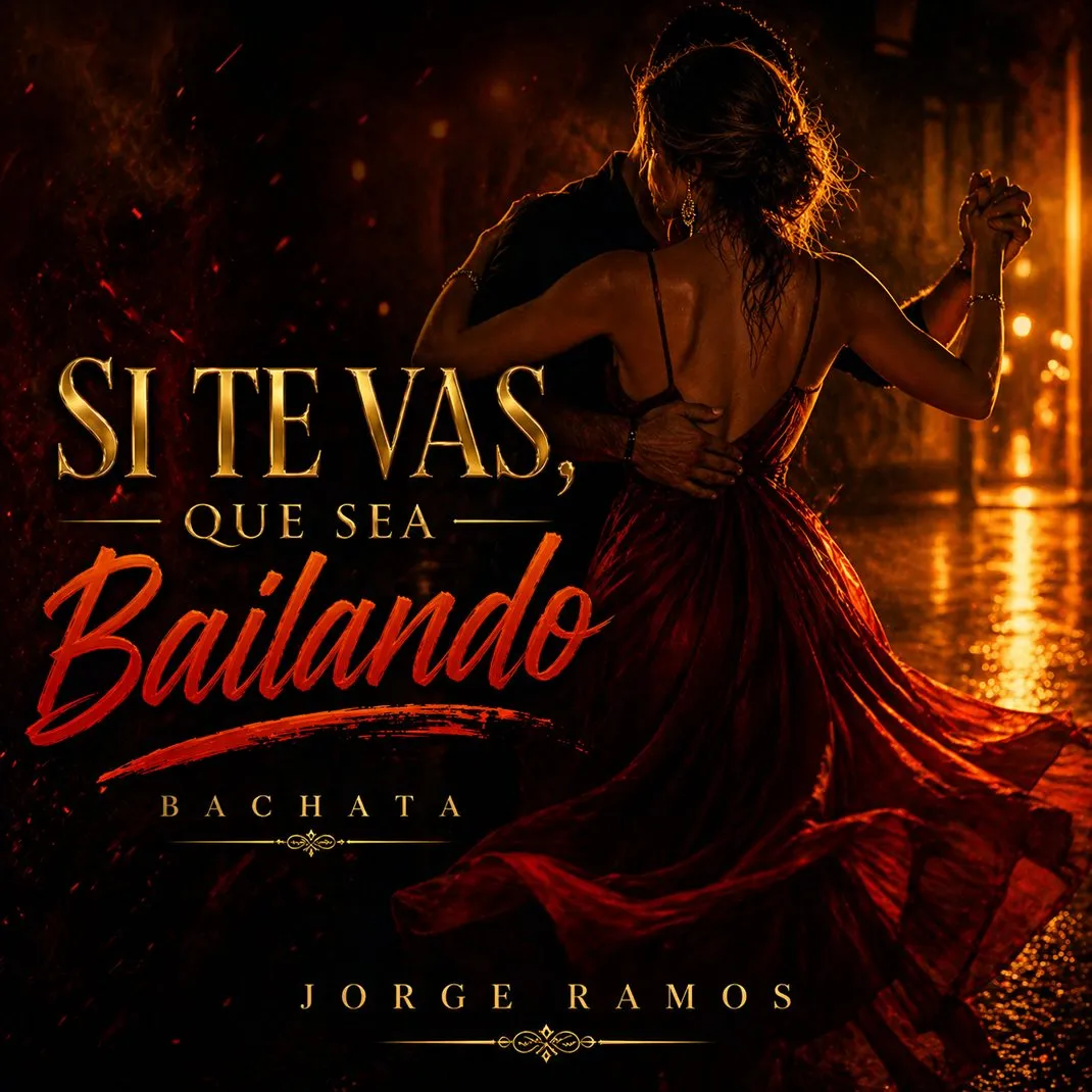 Portada “Si Te Vas, Que Sea Bailando”: escena nocturna romántica con dos siluetas bailando muy cerca, luz cálida y requinto sugerido en la atmósfera; tipografía elegante y mood de despedida digna, sin rencor.