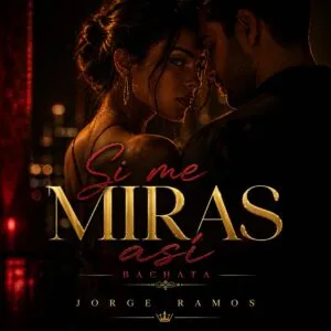 Portada “Si me miras así”: ambiente nocturno con luz baja y brillo cálido; dos siluetas cerca en pista de baile, mirada cómplice protagonista, tipografía moderna y mood sensual y elegante.