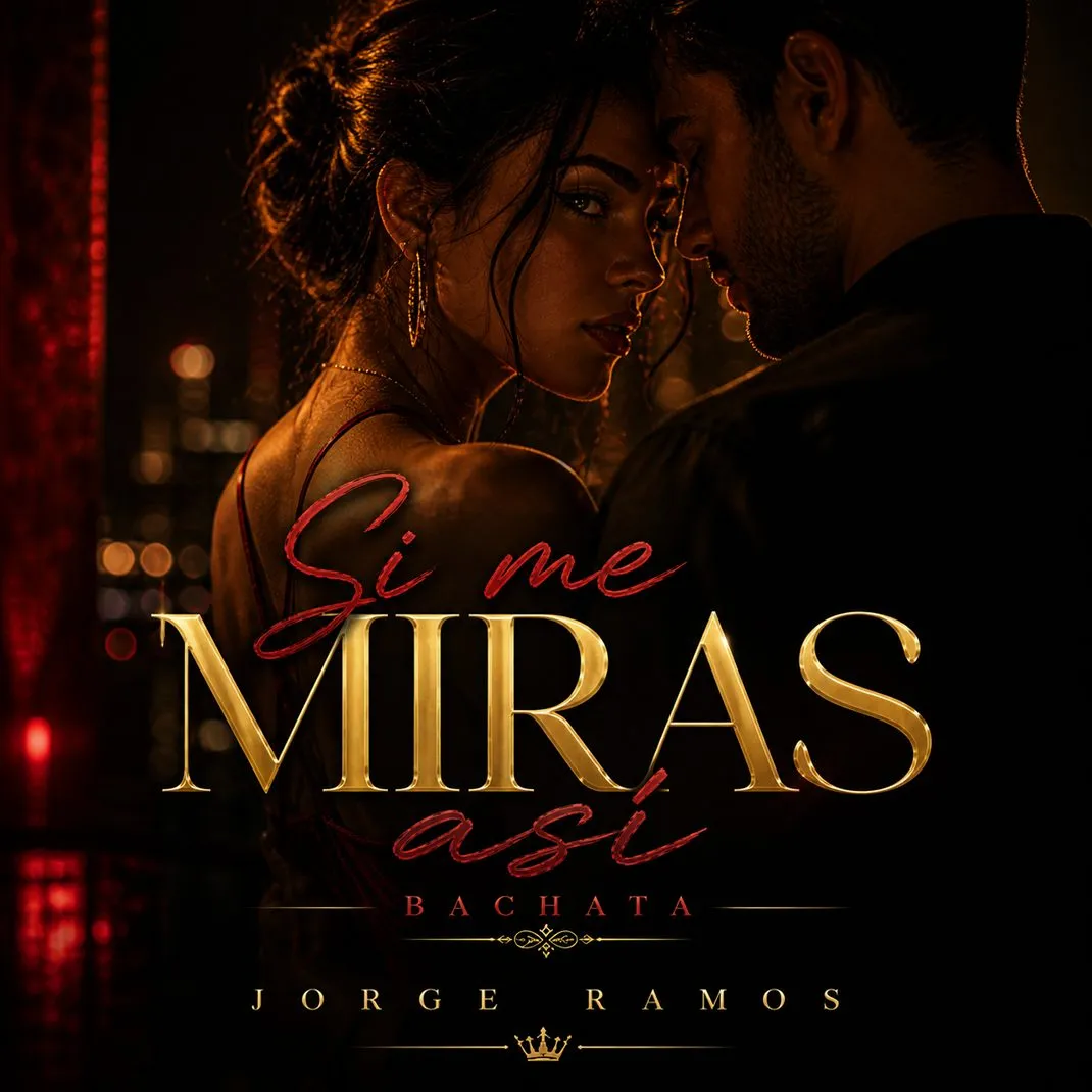 Portada “Si me miras así”: ambiente nocturno con luz baja y brillo cálido; dos siluetas cerca en pista de baile, mirada cómplice protagonista, tipografía moderna y mood sensual y elegante.