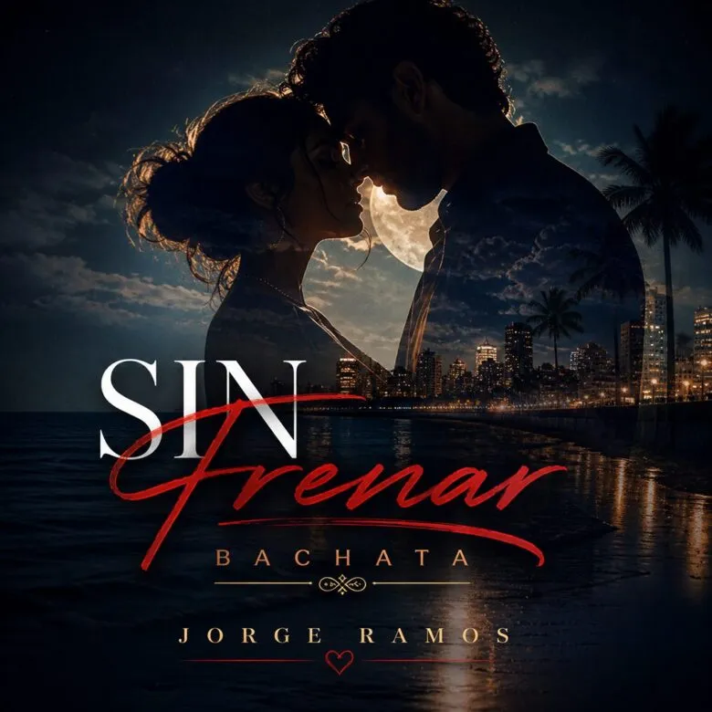 Portada “Sin Frenar”: atmósfera nocturna y sensual con estética bachata moderna; tipografía firme, energía de pista y tensión romántica de coqueteo y deseo.