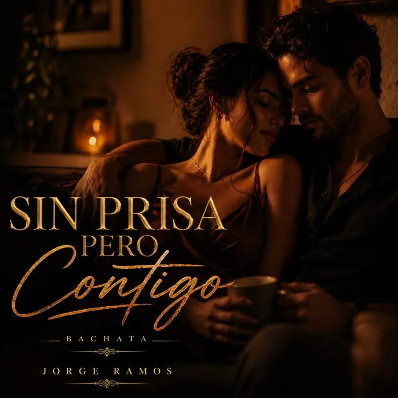 Portada cuadrada romántica de bachata pop con luz cálida nocturna: dos siluetas cerca bailando despacio, requinto sugerido, atmósfera íntima y elegante; título “Sin Prisa Pero Contigo” legible.