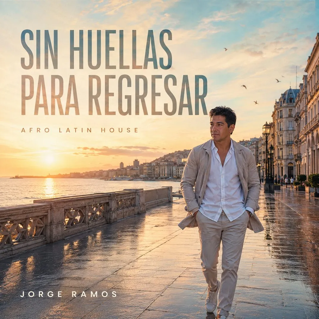 Portada cuadrada nocturna y elegante: silueta caminando ligera en una calle con bruma, luces cálidas y piano/percusión sugeridos en el ambiente; sensación de soltar y avanzar; título “Sin huellas para regresar” legible.