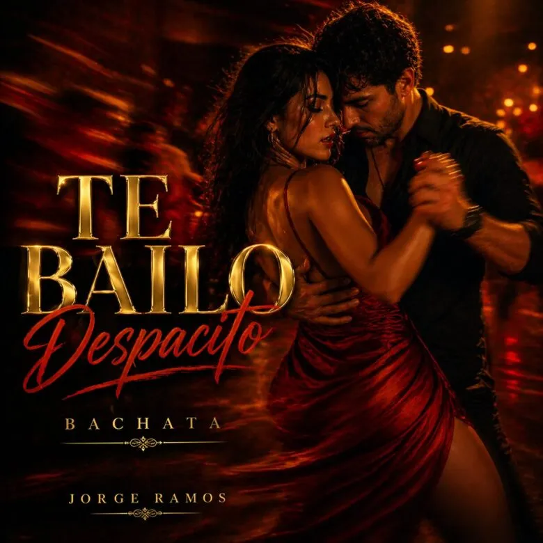 Portada “Te bailo despacito”: escena cálida y romántica en pista nocturna; pareja bailando muy cerca con luz suave, tipografía elegante y mood lento, dulce y bailable.