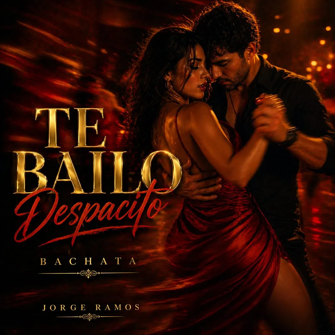 Portada “Te bailo despacito”: escena cálida y romántica en pista nocturna; pareja bailando muy cerca con luz suave, tipografía elegante y mood lento, dulce y bailable.
