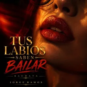 Portada “Tus Labios Saben Bailar”: luz baja cálida y atmósfera íntima; siluetas cercanas a punto de besarse, énfasis en labios y movimiento, tipografía elegante y mood sensual y moderno.