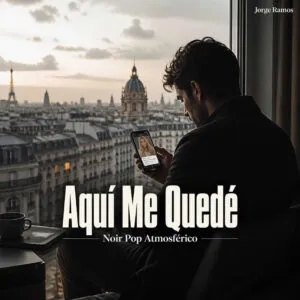 Portada cuadrada noir romántica: una pantalla iluminada en una habitación oscura, guitarra/requinto en sombra y una figura detenida frente a un mensaje; atmósfera íntima y elegante; título “Aquí Me Quedé” legible.