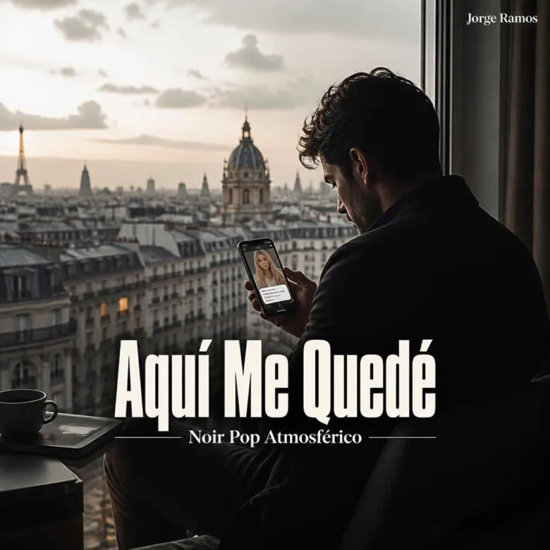 Portada cuadrada noir romántica: una pantalla iluminada en una habitación oscura, guitarra/requinto en sombra y una figura detenida frente a un mensaje; atmósfera íntima y elegante; título “Aquí Me Quedé” legible.