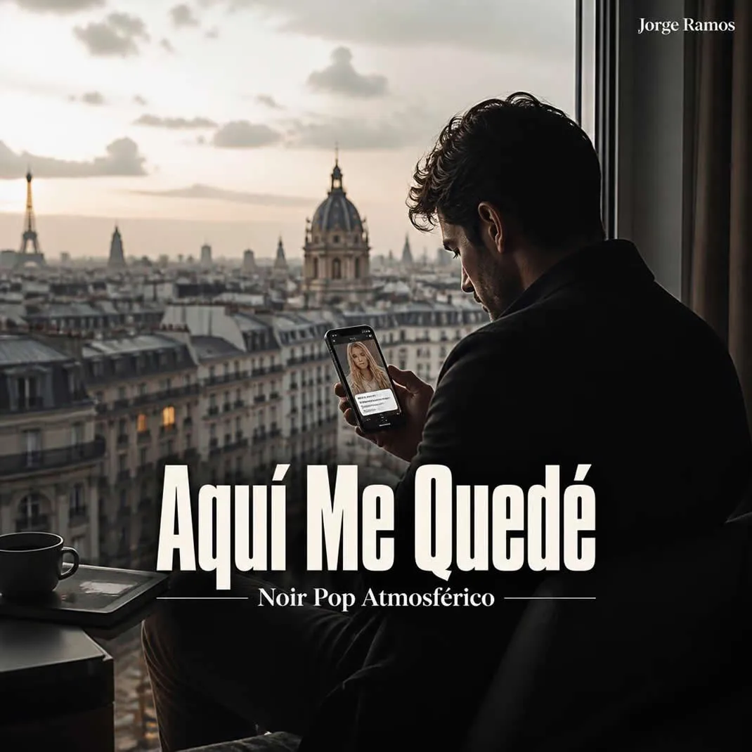 Portada cuadrada noir romántica: una pantalla iluminada en una habitación oscura, guitarra/requinto en sombra y una figura detenida frente a un mensaje; atmósfera íntima y elegante; título “Aquí Me Quedé” legible.