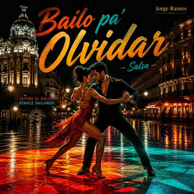 Portada del single "Bailo pa’ olvidar" de Jorge Ramos: escena nocturna en ciudad europea con una pareja bailando salsa sobre un suelo iluminado en rojo.