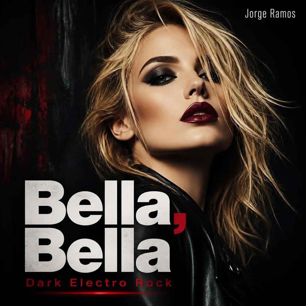 Portada cuadrada oscura y elegante: figura femenina iluminada por luz suave y neón tenue, piano en sombra y atmósfera cinematográfica; título “Bella, Bella” legible.