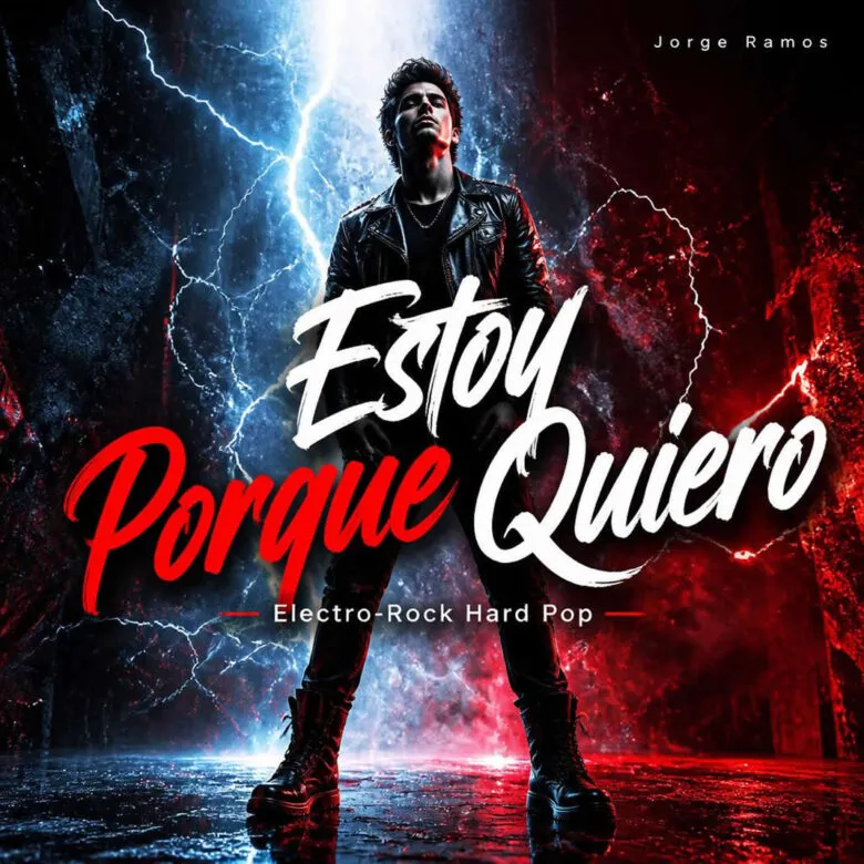 Portada cuadrada oscura y poderosa: figura firme de pie bajo luz fría y roja, textura eléctrica, sombras duras y actitud de autocontrol; título “Estoy Porque Quiero” legible.