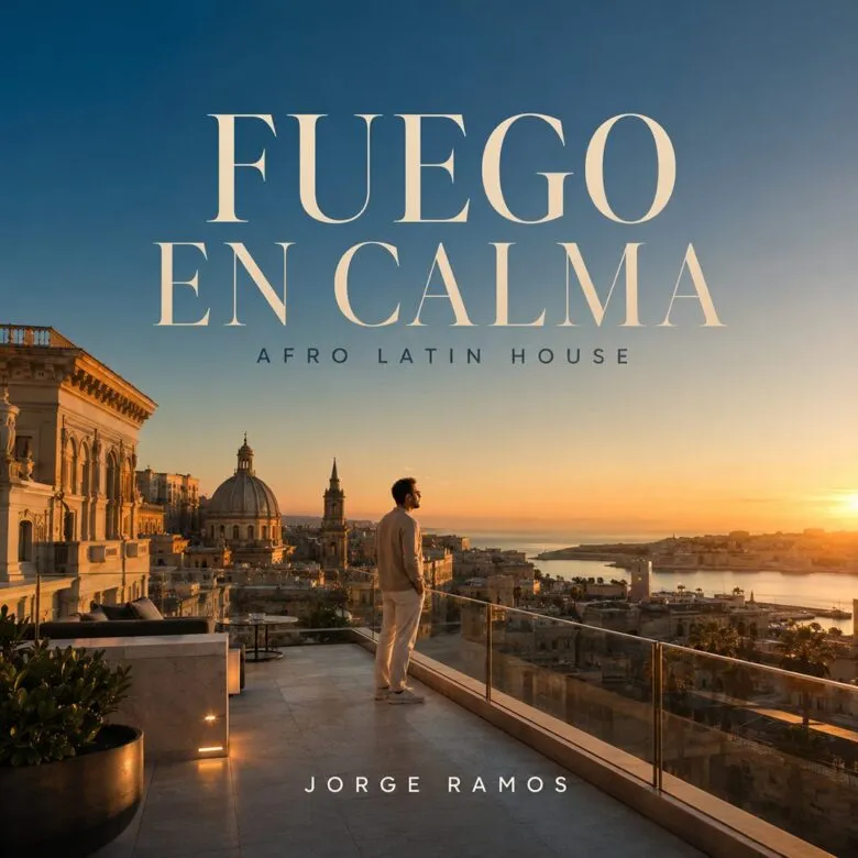 Portada cuadrada de afro/latino house nocturno: atmósfera urbana elegante, luces cálidas con sombras, silueta firme avanzando; sensación de calma con fuego interno; título “Fuego en Calma” legible.