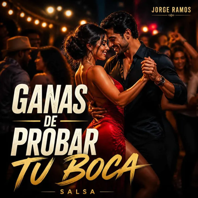 Portada del single “Ganas de probar tu boca” de Jorge Ramos: una pareja bailando salsa en una plaza al aire libre de noche.