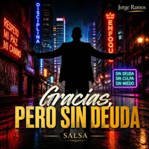 Portada “Gracias, Pero Sin Deuda”: calle nocturna con luces de neón y textura urbana; silueta firme con postura de victoria tranquila.