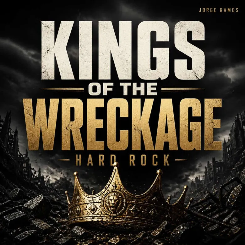 Portada cuadrada de rock de estadio: escenario enorme con luces y humo, siluetas de banda y multitud al fondo, estética épica y contrastada; título “Kings of the Wreckage” legible.