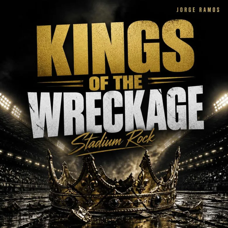 Portada cuadrada de rock de estadio: escenario enorme con luces y humo, siluetas de banda y multitud al fondo, estética épica y contrastada; título “Kings of the Wreckage” legible.