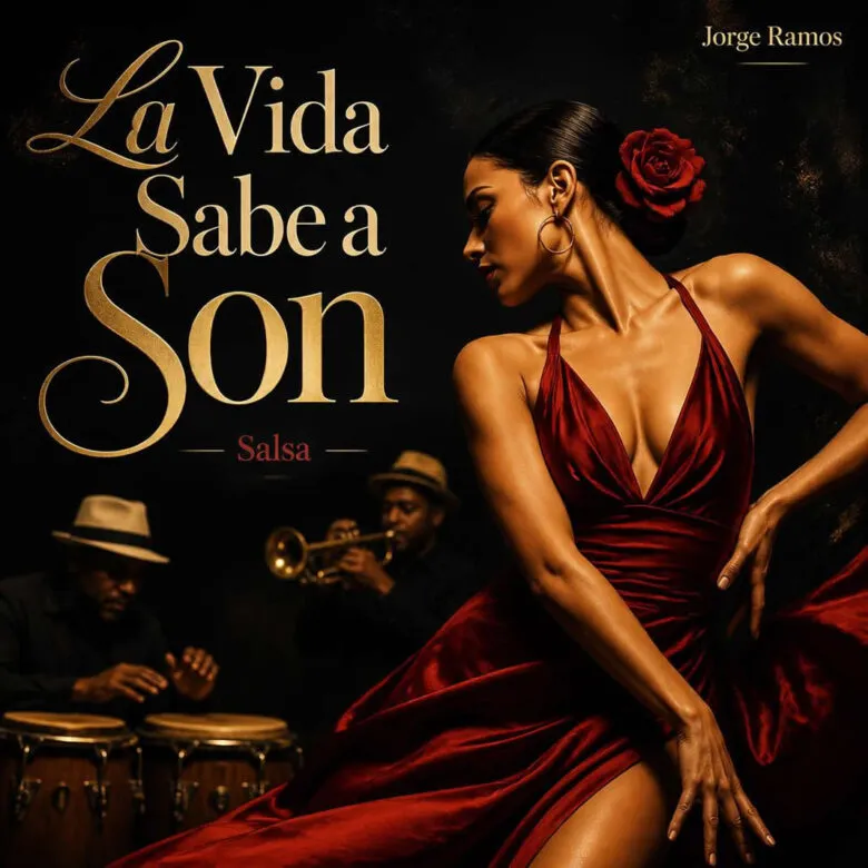 Portada orquesta de salsa en un escenario tropical, luces cálidas y personas bailando mientras la música levanta el ánimo.