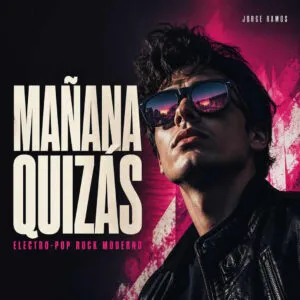 Portada cuadrada oscura y cinematográfica: una figura de pie frente a una puerta entreabierta con luz tenue, guitarra eléctrica en sombra y atmósfera de despedida serena; título “Mañana Quizás” legible.