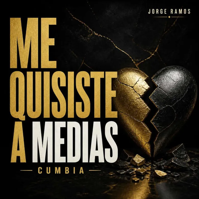 Portada cuadrada de cumbia moderna: luces de pista cálidas, acordeón sugerido y figura con actitud segura bailando; sensación de “cierre con orgullo”; título “Me Quisiste a Medias” grande y legible.
