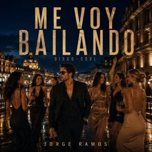 Portada cuadrada disco latino premium: ambiente nocturno sofisticado, luces cálidas y reflejos, silueta caminando con elegancia y ritmo; estética retro-moderna; título “Me Voy Bailando” legible.